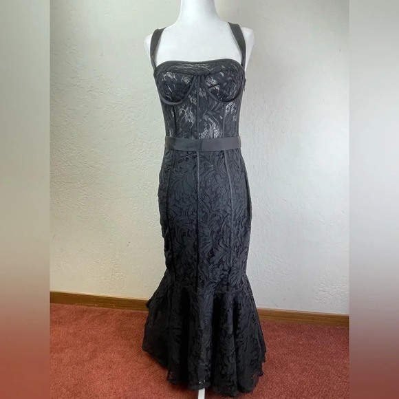 LEO LIN Clover Lace Bustier Ruffle Midi Dress in Black, size 8 Sleeveless - Picture 13 of 16